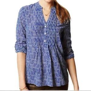 Anthropologie HD in Paris Kaveri Blue Geometric V-Neck Popover Blouse Size 6